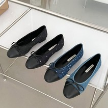 둥근코 데님 도트 블랙 트위드 페브릭 플랫 슈즈