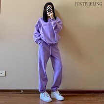 JUSTFEELING 150KG까지 운동세트 퍼플 긴팔 맨투맨 + 스트링 운동바지 트레이닝복 상하투피스