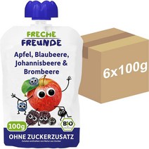 독일 FRECHE FREUNDE 6개월 사과 블루베리 커런트 블랙베리 아기 과일 퓨레 스퀴즈 파우치 6X100g, 3팩, 100g