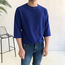 위트있는 포인트 트임넥 7부 티셔츠