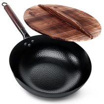 주물화목난로 Carbon Steel Wok Pan 32cm Stir Fry Set with Wooden Lid Non-Stick Flat Bottom Frying for, 02 With Lid_01 32cm