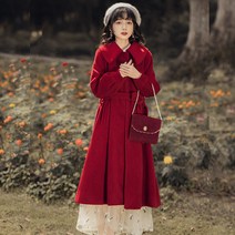 개화기 경성 스타일 사진 광고촬영 원피스 모직 코트 여성복 가을겨울 설 레드 와이드 밴드 무드 인형