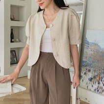 옷자락 [옷자락] 여자 핀턱 퍼프 반팔 라운드 린넨 자켓
