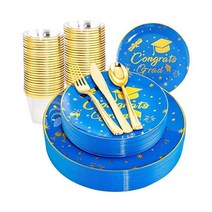 supernal 855908 60pcs 졸업식 플라스틱 접시 파티 블랙과 골드 축하 일회용 식기 세트, 블루 및 골드 졸업 플라스틱 파티 장식 150개