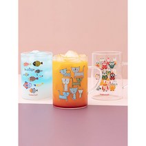 용량 300ml 일러스트 내열유리 머그 2P 3type 투명 유리잔 유리컵 세트, 고양이