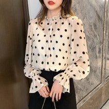 플라워프릴블라우스 봄옷 스탠딩카라 긴 소매 쉬폰 셔츠 여성 슬림핏 도트 페블럼라인 실크블라우스 2692511339
