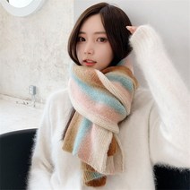귀여운 울캐시미어 파시미나 머플러 목도리 세로 막대 무지개 가을과 겨울 모든 경기 두껍게 하다 턱받이 편물 단색