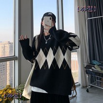 남녀공용 니트 스웨터 맨투맨 가을 겨울 커플룩 커플티 커플 맨투맨 라운드 넥 풀오버 스웨터 다이아몬드 패턴 디자인 니트 스웨터 크리스마스 선물