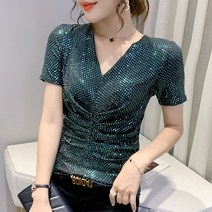 반팔 티셔츠 셔링 블링 살사 넥 라틴 연습복 댄스 라인 댄스복 스팽글 상의