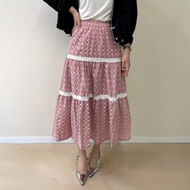 데일리앤 레이스 캉캉 플라워 자수 밴딩 롱 플레어 스커트