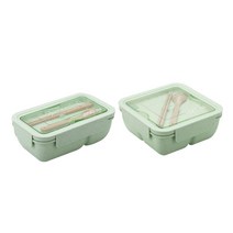 Ls 일본식 심플 칸 분리 도시락통 2종 + 수저 세트, 1개, 그린