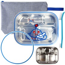 브링미 아동용 스텐 식판 도시락 세트, 블루 우주선, 도시락 + 가방 + 교체용 추가 실리콘 + 세척솔