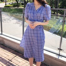 바이퀸즈 써머 깅엄체크 롱 랩원피스