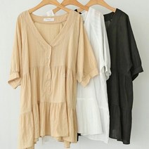 여자 V넥 통소매 퍼프반팔 무지 후레아 튜닉 블라우스