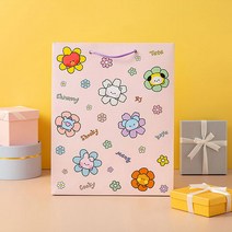 BT21 미니니 해피플라워 쇼핑백 선물용 손잡이 봉투 종이가방(L), 핑크