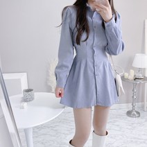 핀턱 카라 리본 허리끈 미니 골덴 코듀로이 셔츠 원피스