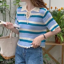 [바보사랑] 여성 여름 스트라이프 카라 스트링 반팔 니트