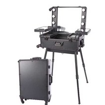 LED 메이크업 캐리어 거울 달린 대형 전문 여행 가방, 24인치 검정색 LED 3색 조명 스탠드 포함