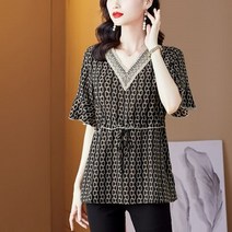 LS17300 V넥레이스 고급스런 패턴 반팔 롱 블라우스시폰반팔블라우스 쉬폰반팔블라우스 루즈핏반팔블라우스 고급스타일 우아한블라우스 빅사이즈 여름블라우스