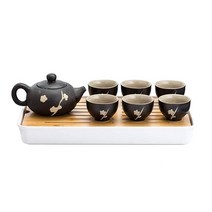 TJ 글로벌 중국/일본 세라믹 차 세트 100% 수제작 전통 다도 세트 찻주전자 6개 티컵 배수 포함 대나무 차 트레이 TJ GLOBAL, Black