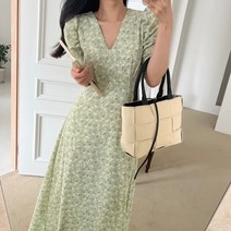여름 샤랄라 쉬폰 소매 셔링 롱 하객룩 초록 원피스