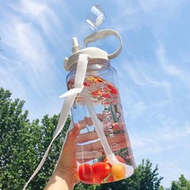 물병 대용량 물컵 여성 빨대 휴대용컵 자심플 참신한 내추럴스타일 귀여운 2000ml초대형, T08-화이트 2L/멜빵