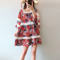 (당일발송) 가바바 여성 빅사이즈 원피스 5XL까지 레이스 사각넥 라인 복고 꽃무늬 바캉스룩 미니원피스 G33526