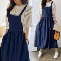 NewCare 여성 여름 데님멜빵 원피스 롱원피스 플리츠 멜빵원피스 데님원피스
