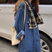 여성 루즈핏 맥시 카라 셔츠 똑딱이 데님 롱 원피스 긴팔