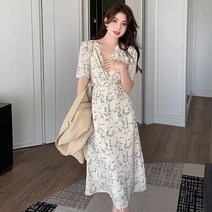 Migtis 여름 그린 브이넥 꽃무늬 바캉스원피스 벌룬소매 쉬폰 롱원피스