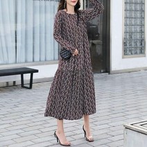 유케이 유럽풍 라운드넥 플라워패턴 루즈핏 셔링롱원피스