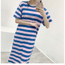 패션디바 1386-1 봄 여름 여성용 캐주얼 라운드넥 반팔 단가라 트임 롱 원피스