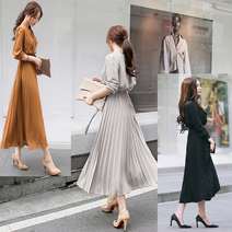 데일리 30대 하객 오피스 룩 쉬폰 A라인 플리츠 주름 스커트 롱 원피스 우아한 러블리 40대 레이어드 결혼식 피로연 고급진 정장 캐주얼 허리 리본 슬림 단아한 데이트 긴팔 드레스