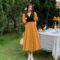 changsheng한국 v넥 요정 드레스 여성 패치 워크 디자인 우아한 슬림 롱 드레스 여름 솔리드 달콤한 캐주얼 파티 드레스 오피스 레이디