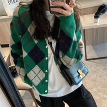여성 빅 사이즈 아가일 니트 가디건