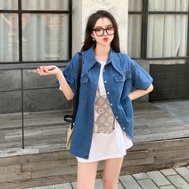 Yanda 여성 빅사이즈 데님 청셔츠 오버핏 미디 반팔 청남방