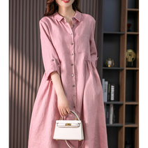 7부 모시 마원피스 린넨 중년 여름 50대원피스 루즈핏 빅사이즈 면마 삼베옷 핑크색 연두색