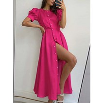클래식 여성 여름 드레스 슬릿 오렌지 O 넥 맥시 오피스 버튼 업 홀리데이 여성용