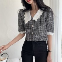 여성트위드자켓 봄 원피스 코디 트위드 자켓 빈티지 격자 무늬 트위드 모직 블라우스 여성 레이스 인형 칼