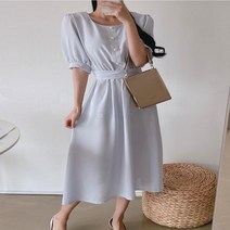 여자 진주버튼 셔링 플레어 퍼프 신혼여행 원피스