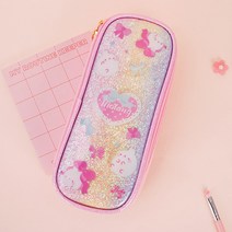 몰랑 봉제 필통 다양한 2단 양면 수납공간 반짝반짝 펄이 돋보이는 필기구함, 핑크