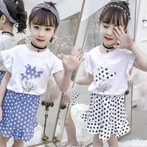 베비포 여아용 레이스 반팔티 땡땡이 치마 상하복 세트