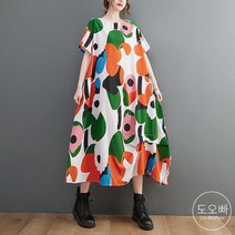 도오빠 여성 롱 원피스 루즈핏 빅사이즈 반팔 라운드넥 주름 플라워 프린팅 꽃무늬 긴치마 통원피스 여름 여자원피스