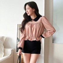 디작소 골덴 배색 라운드카라 캉캉 긴팔 블라우스