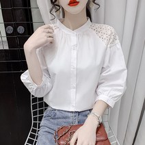 코카마니 여성 차이나카라 펀칭 레이스 면 화이트 예쁜 블라우스