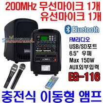 그레이스 EG-116 충전식이동형앰프 150W 블루투스 유무선Mic1개 신흥몰, 핸드형