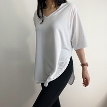 여성 5부 소매 루즈핏 롱 레깅스 코디 요가 필라테스 운동 브이넥 사이드슬릿 코튼 티셔츠