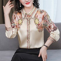 몬드스팟 광택 새틴 기하학무늬 블라우스 셔츠 베이지 L DM193_7