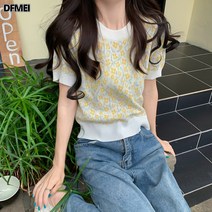DFMEI 박시 반팔 라운드 상의 여여름 플라워 니트