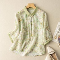 플라워 블라우스 꽃무늬 셔츠 스타일 여성 소매 캐주얼 프린트 코튼 린넨